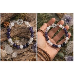 Bohemian Beaded Stretch Bracelet Lotus Charm Amethyst‎ Quartz